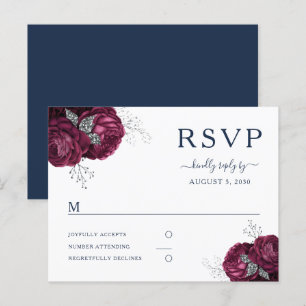 Navy Blue Burgundy Peonies Floral Wedding RSVP Briefkaart