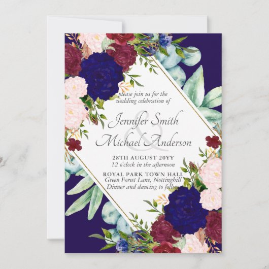 Navy Blue Burgundy Pink Floral Wedding Invitation (Voorkant)
