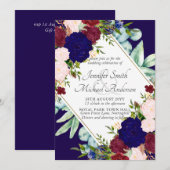 Navy Blue Burgundy Pink Floral Wedding Invitation (Voorkant / Achterkant)