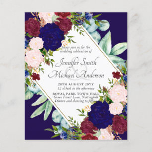 Navy Blue Burgundy Pink Floral Wedding Invitation