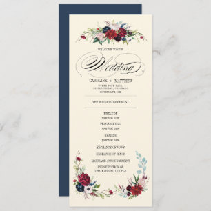 Navy blue   Burgundy Red Floral Wedding Programme Kaart