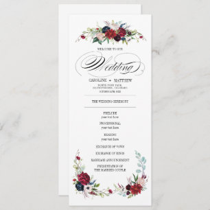 Navy blue   Burgundy Red Floral Wedding Programme Kaart