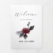 Navy Blue Burgundy Red Gothic Floral Wedding Drieluik Aankondiging (Cover)