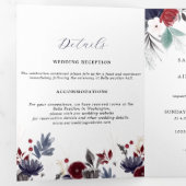 Navy Blue Burgundy Red Gothic Floral Wedding Drieluik Aankondiging (Binnenzijde eerst)