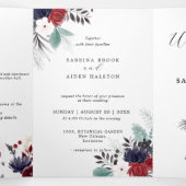 Navy Blue Burgundy Red Gothic Floral Wedding Drieluik Aankondiging (Binnenkant midden)