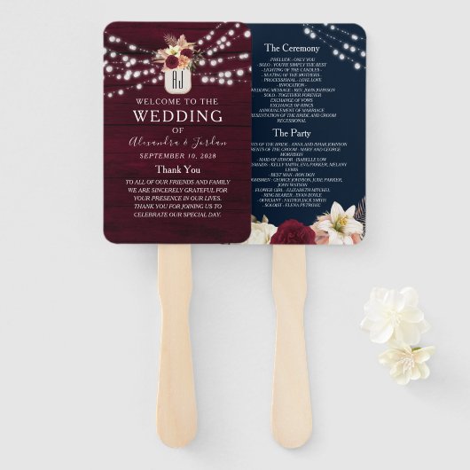Navy Blue Burgundy Wedding Program Hand Fan Handwaaier (Voorkant en achterkant)