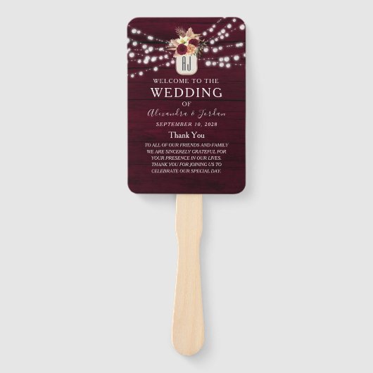 Navy Blue Burgundy Wedding Program Hand Fan Handwaaier (Voorkant)