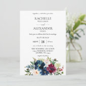 Navy Blue, Burgundy & White Floral Wedding Kaart (Staand voorkant)