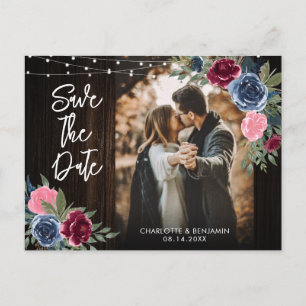 Navy Blue Burgundy Wood Floral foto slaat de datum Briefkaart