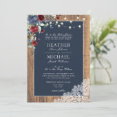 Navy Blue Burgundy Wood Script Weddenschap Kaart (Staand voorkant)