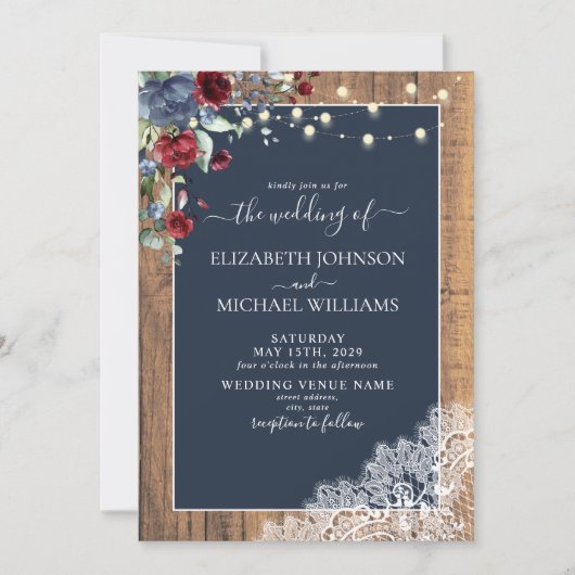 Navy Blue Burgundy Wood Script Weddenschap Kaart (Voorkant)