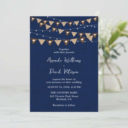 Navy Blue Burlap Bunting String Lights Bruiloft Kaart (Staand voorkant)