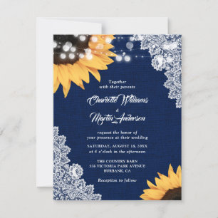 Navy Blue Burlap en Lace Sunflower Wedding Kaart