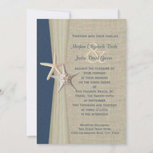 Navy Blue Burlap en Starfish Beach Wedding Kaart (Achterkant)