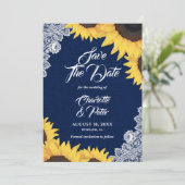 Navy Blue Burlap en Sunflower Bewaar de datumkaart Save The Date (Staand voorkant)