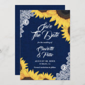 Navy Blue Burlap en Sunflower Bewaar de datumkaart Save The Date (Voorkant / Achterkant)