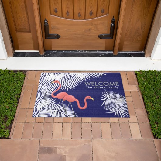 Navy Blue Burlap met roze flamingos Deurmat (Buiten)