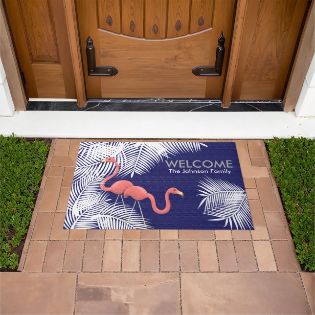 Navy Blue Burlap met roze flamingos Deurmat (Buiten)