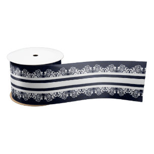Navy Blue Burlap met White Faux Lace Lint
