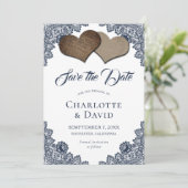 Navy Blue Burlap Wedding Save the Date Kaart (Staand voorkant)