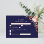 Navy Blue Burnt Orange Floral Wedding RSVP Card (Debout devant)