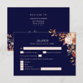 Navy Blue Burnt Orange Floral Wedding RSVP Card (Devant / Derrière)