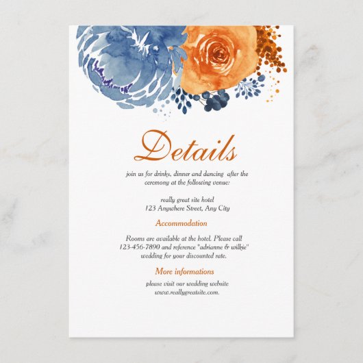 Navy Blue Burnt Sinaasappel Floral Fall Trouwdetai Informatiekaartje (Voorkant)