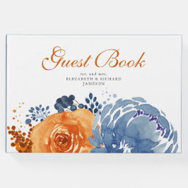 Navy Blue Burnt Sinaasappel Herfst Bloemen Huwelij Gastenboek