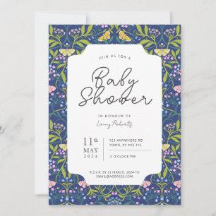 Navy Blue Butterfly Floral Damask Baby shower Kaart
