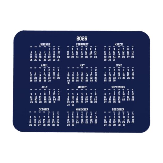 Navy Blue Calendar 2026 Small Flexible Magnet (Horizontal)