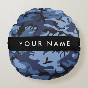 Navy Blue Camouflage Jouw naam personaliseren Rond Kussen