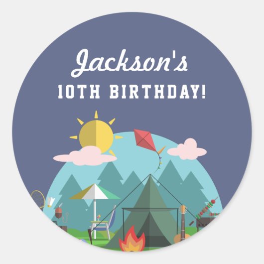 Navy Blue Camping Birthday Party Ronde Sticker (Voorkant)