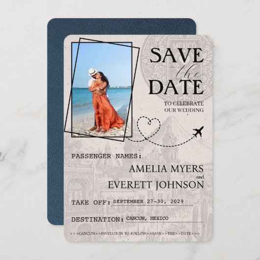 Navy Blue Cancun Passport Bewaar de datum Save The Date (Voorkant / Achterkant)