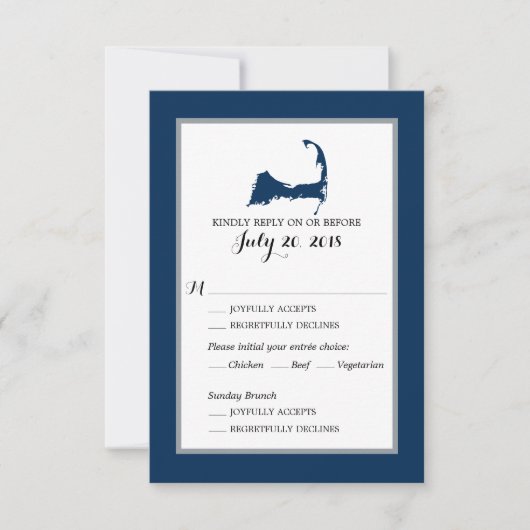 Navy Blue Cape Cod met hart | Bruiloft RSVP menu (Voorkant)