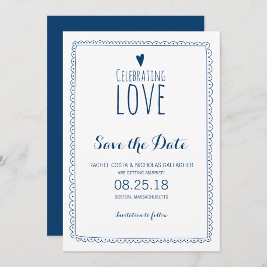 Navy Blue Celebrating Love Wedding Save the Date (Voorkant / Achterkant)
