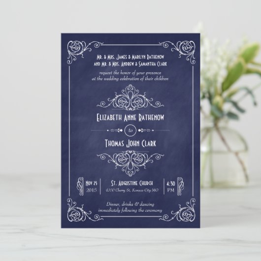 Navy Blue Chalkboard Art Déco Mariage Invitations (Debout devant)