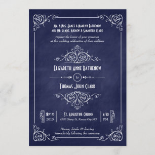 Navy Blue Chalkboard Art Deco Wedding Invitations Kaart