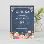 Navy Blue Chalkboard roze Floral Save the Date (Staand voorkant)
