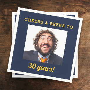 Navy Blue Cheers & Beers Milestone Verjaardagsfoto Servet