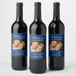 Navy Blue Cheers to Love Wedding Photo Bottle Wijn Etiket