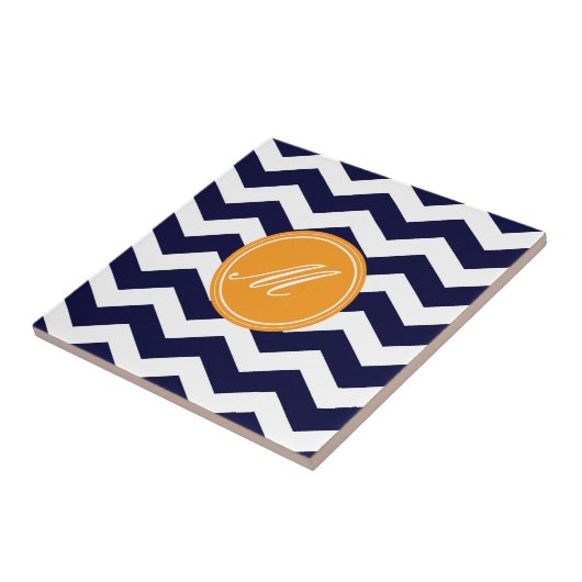 Navy Blue Chevron met Monogram Tiles Tegeltje (Zijkant)