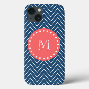 Navy Blue Chevron Pattern   Koraalmonogram iPhone 13 Hoesje