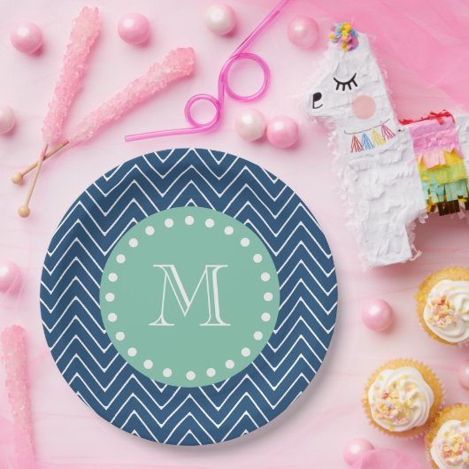 Navy Blue Chevron Pattern | Munt Green Monogram Papieren Bordje (Feest)