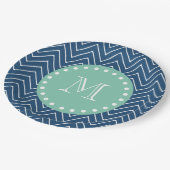 Navy Blue Chevron Pattern | Munt Green Monogram Papieren Bordje (Gekanteld)