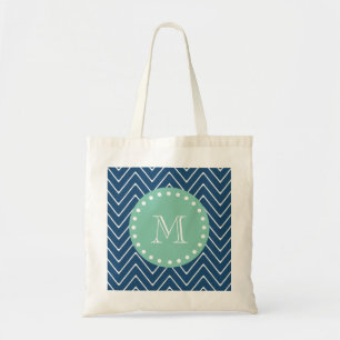 Navy Blue Chevron Pattern Munt Green Monogram Tote Bag