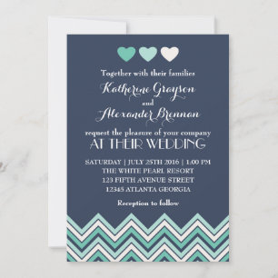 Navy Blue Chevron Pattern Wedding Invitation Kaart