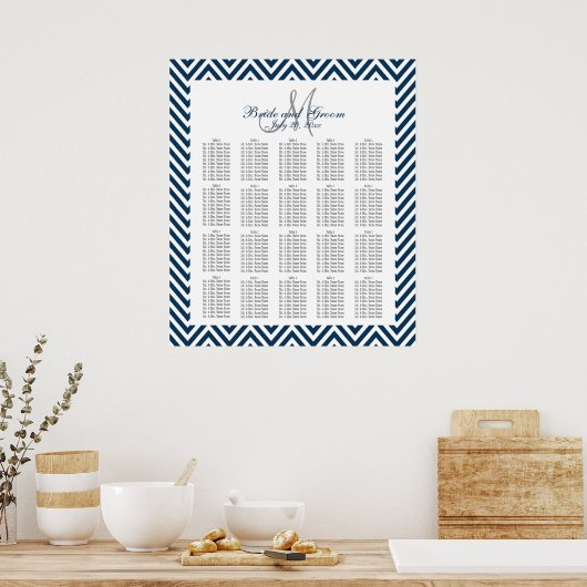 Navy Blue Chevron Wedding Seating Chart 200 Poster (Keuken)