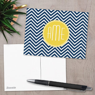 Navy Blue Chevrons met aangepast geel monogram Briefkaart