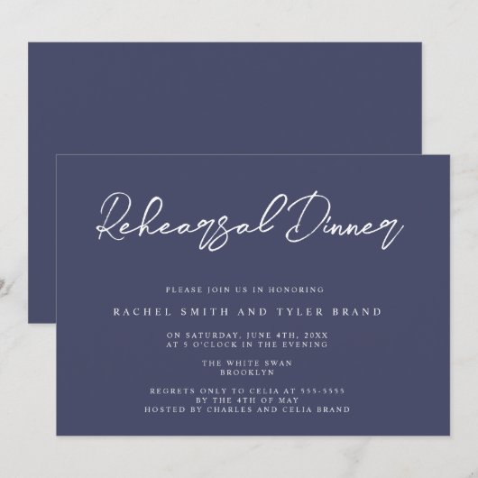 Navy Blue Chic Elegant repesal Dinner Invitation Kaart (Voorkant / Achterkant)