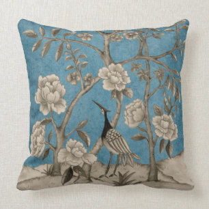 Navy Blue Chinoiserie Bird en Peonies Floral Kussen